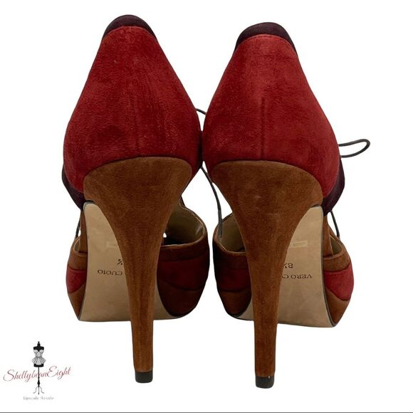 BARNEYS New York Suede Leather Colorblock Lace Up Peep Toe Heels Pumps 8.5 - Picture 10 of 16